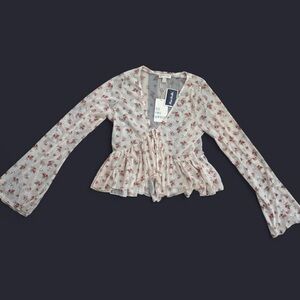 See You Monday Cream Pink Floral Peplum Tie-Front Blouse